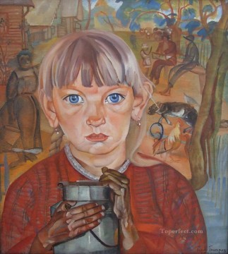 Russian Painting - girl with a milk can 1917 Boris Dmitrievich Grigoriev